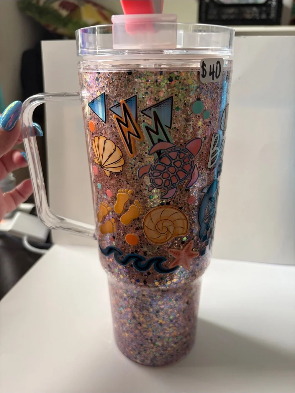 Beach Vibes 40 oz Dry Glitter Tumbler w/ Seashell Topper